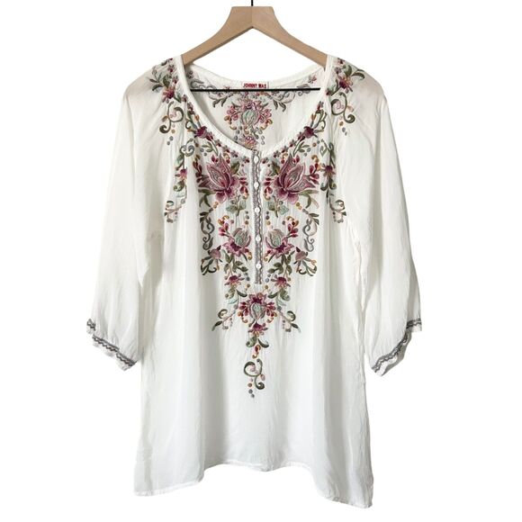 Johnny Was Embroidered 3/4 Sleeve V-Neck Blouse Cupra Rayon Size Small - Picture 1 of 6